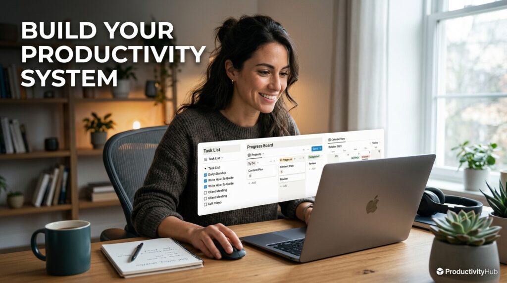 Person using a Notion productivity dashboard on a laptop