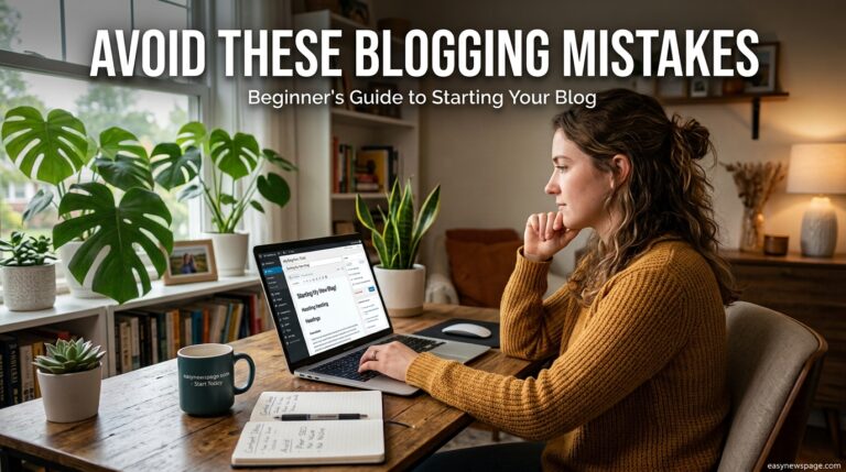 Person setting up a new blog on a laptop, avoiding common beginner mistakes