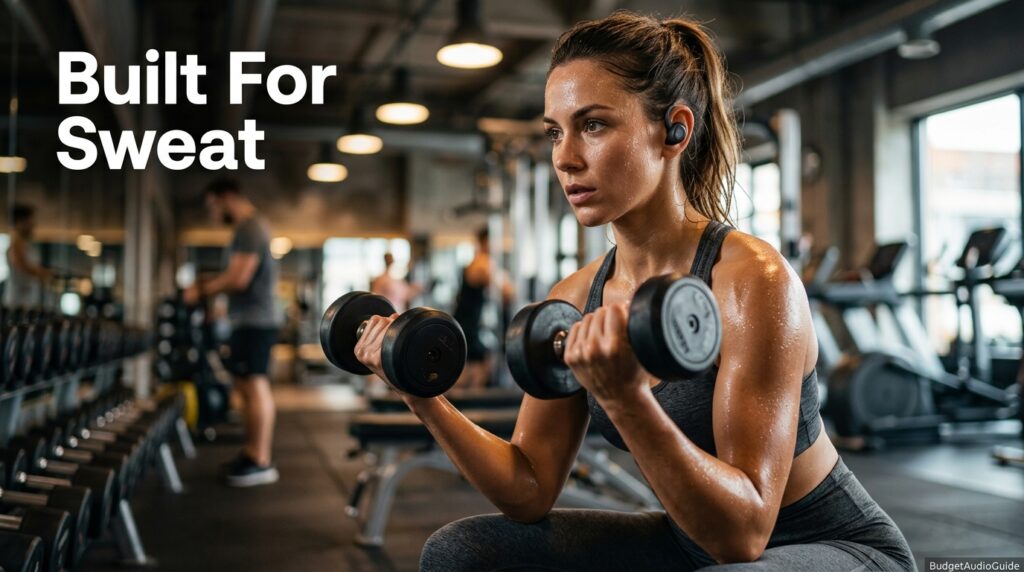 Person wearing waterproof wireless earbuds during a gym workout 