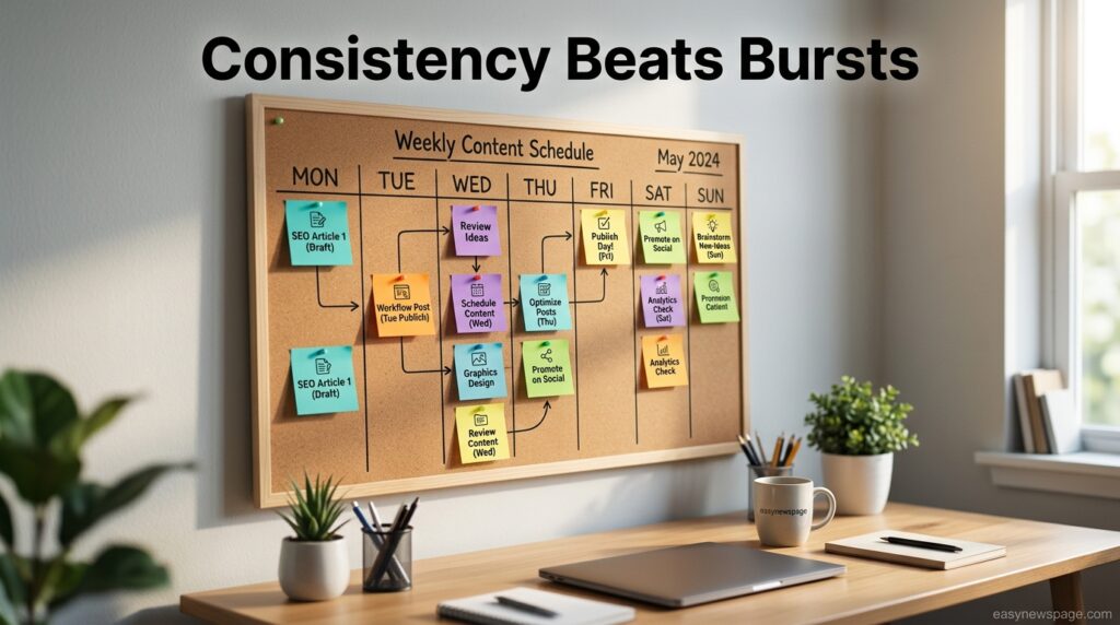 Editorial calendar showing a consistent weekly blog publishing schedule