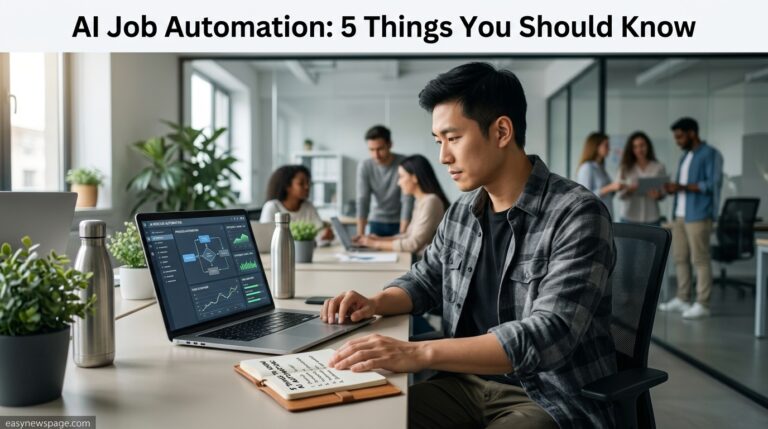 Professional reviewing AI job automation dashboard and checklist notes