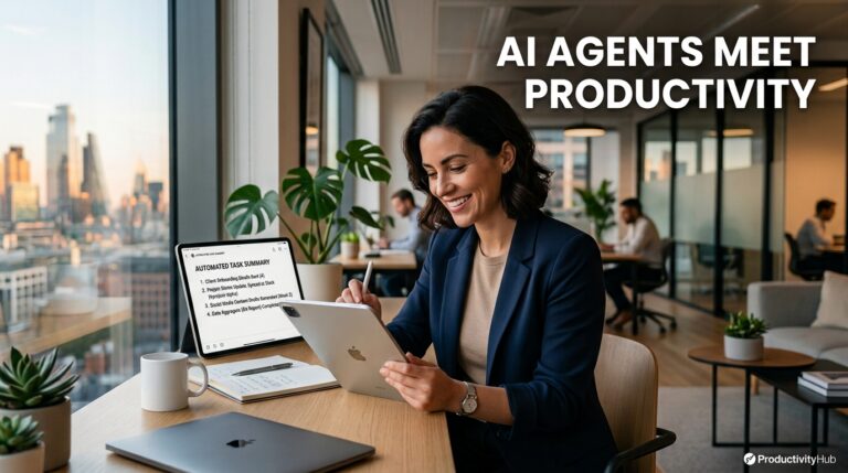 Professional reviewing Notion AI Agent task summary on tablet