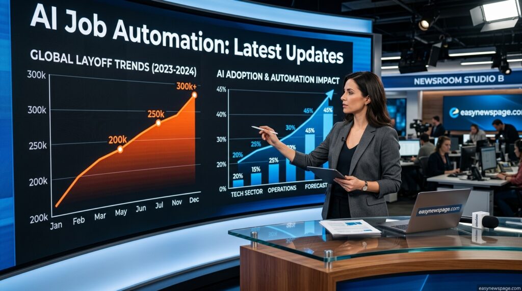 Analyst reviewing rising AI job automation trend charts on a newsroom display 