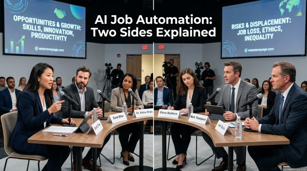 Split-scene panel discussion representing two sides of the AI job automation debate 