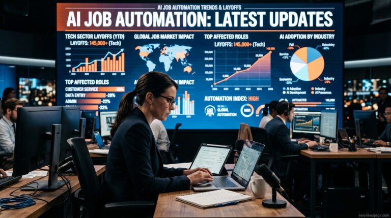 Analyst reviewing rising AI job automation trend charts on a newsroom display