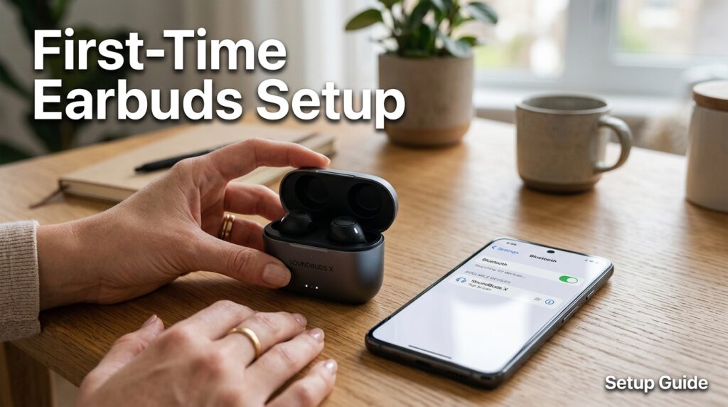 Person pairing wireless earbuds with a smartphone for the first time