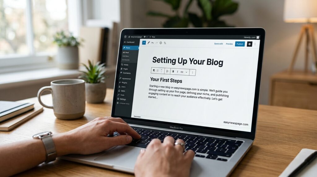 Laptop screen showing a WordPress dashboard during blog setup