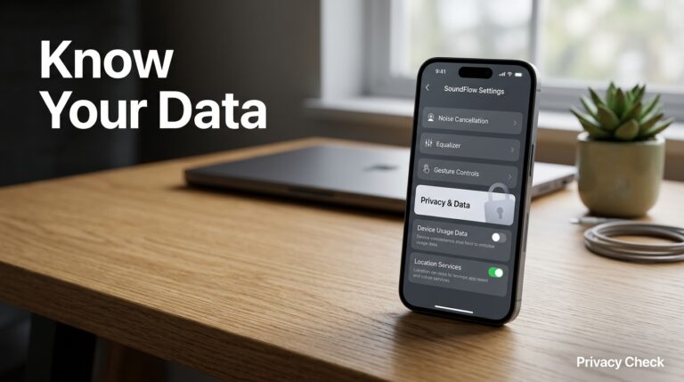 Smartphone showing earbuds companion app with a data privacy icon overlay