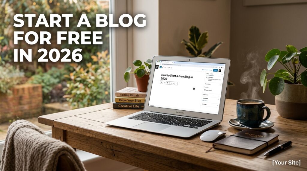 Laptop showing a free blog editor open on a cozy home desk