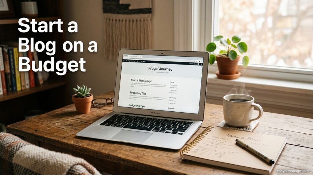 Laptop on a home desk showing a simple blog homepage, representing budget blogging setup 