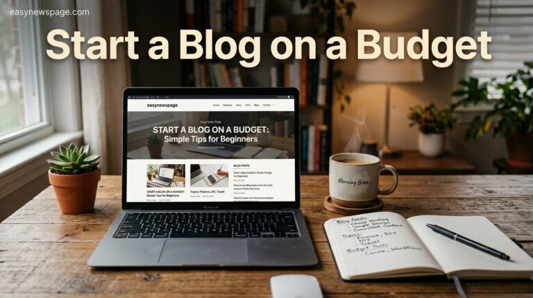 Laptop on a home desk showing a simple blog homepage, representing budget blogging setup