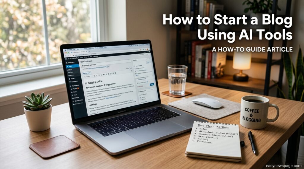 Laptop and notebook on a desk showing how to start a blog using AI tools