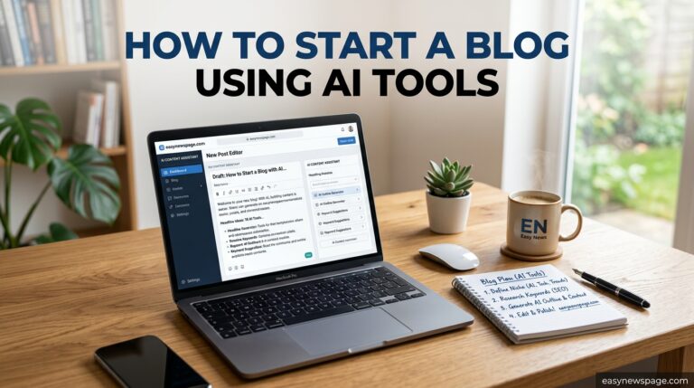 Laptop and notebook on a desk showing how to start a blog using AI tools