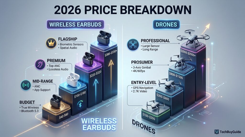 Price comparison infographic for wireless earbuds versus camera drones in 2026