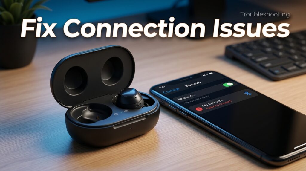 Wireless earbuds case with a Bluetooth connection troubleshooting icon on a nearby phone