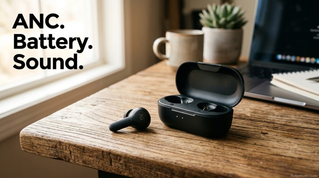 Alt Text: Close-up of a budget wireless earbud beside its charging case