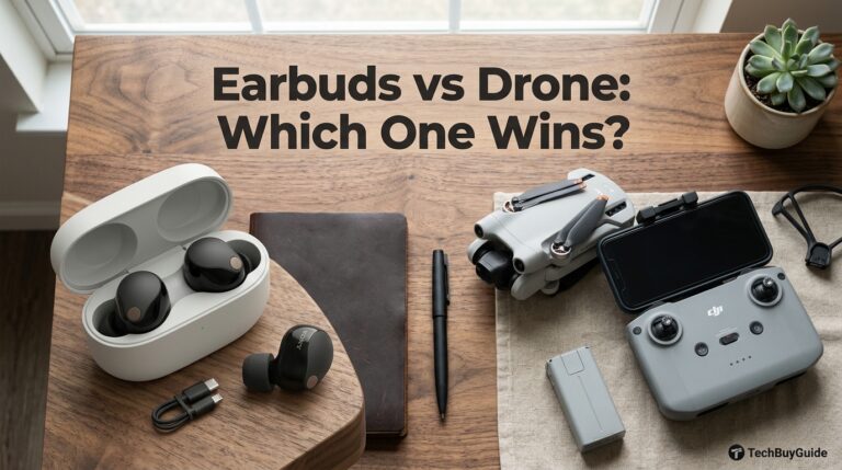 Wireless earbuds charging case next to a folded camera drone on a desk