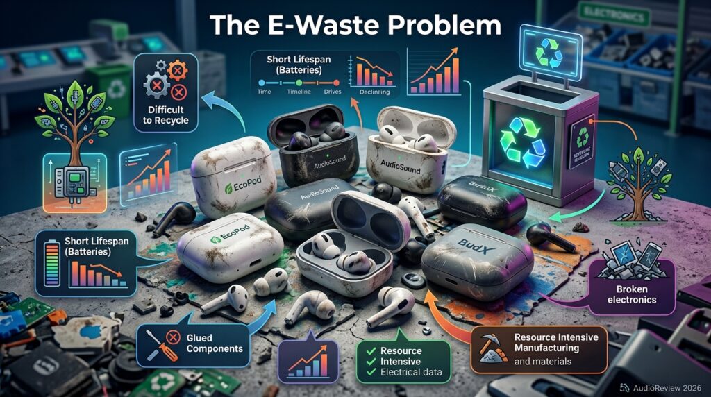 Old wireless earbuds near a recycling symbol representing e-waste concerns