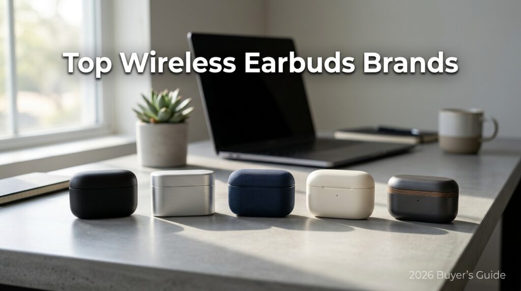 Five premium wireless earbud cases arranged for a 2026 brand comparison guide