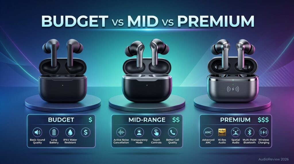 Three wireless earbud price tiers compared side by side