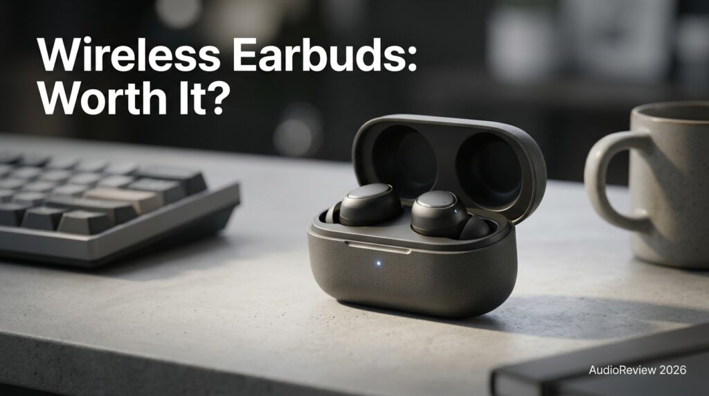 Alt Text: Wireless earbuds resting in an open charging case on a desk