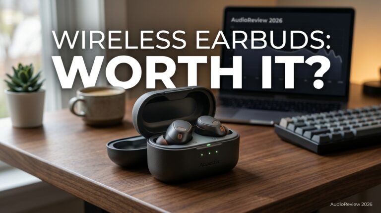 Wireless earbuds resting in an open charging case on a desk