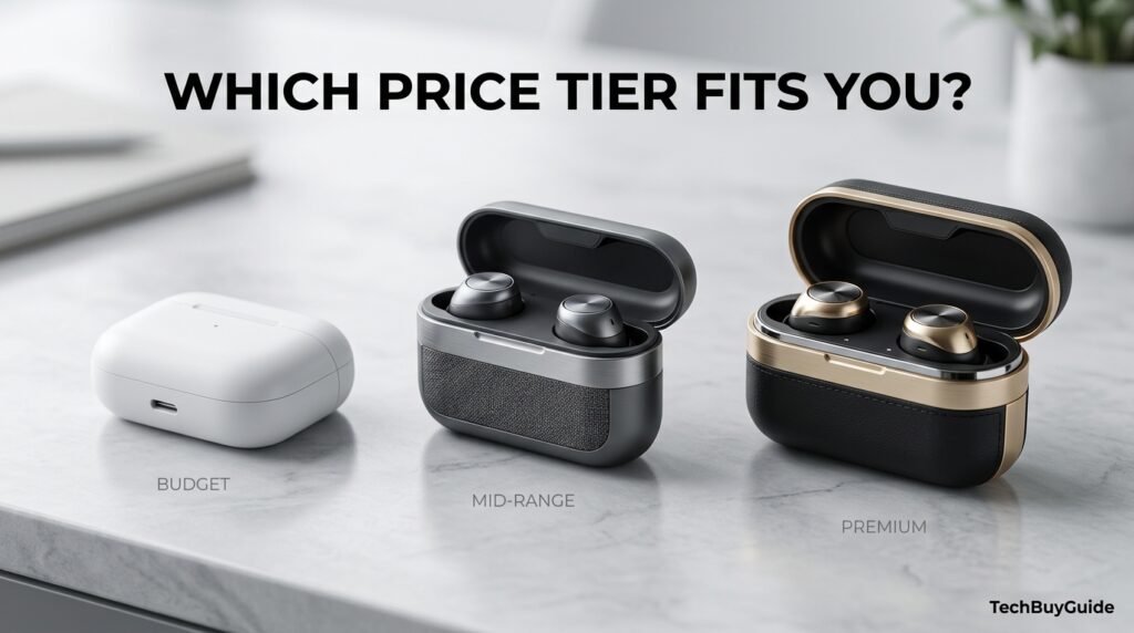 Three wireless earbud cases representing budget, mid-range, and premium pricing tiers 