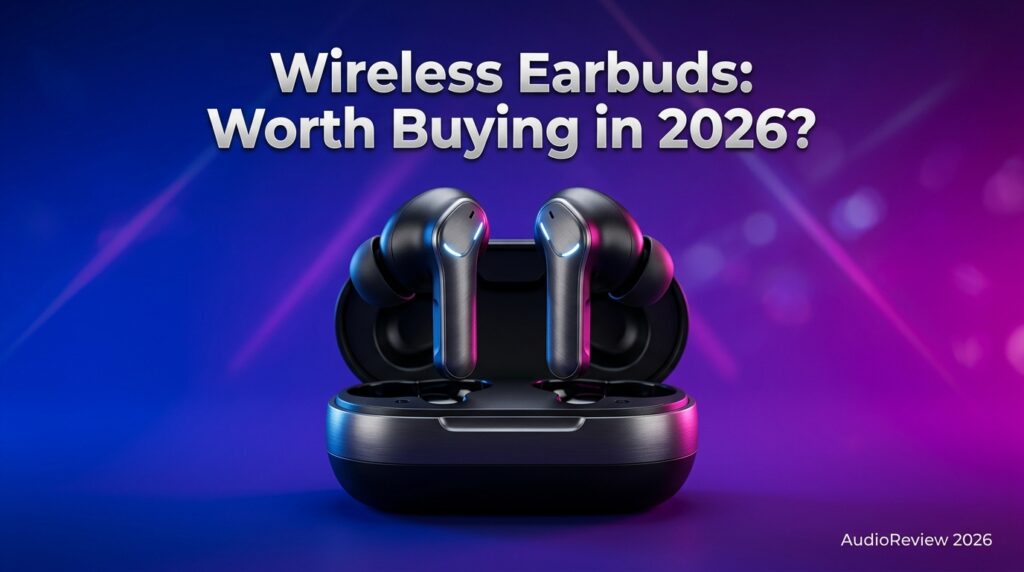 Social media banner asking if wireless earbuds are worth buying in 2026 