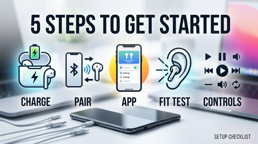 Infographic checklist showing five steps to set up wireless earbuds for the first time 