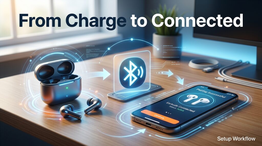 Step-by-step workflow showing wireless earbuds setup from charging to pairing