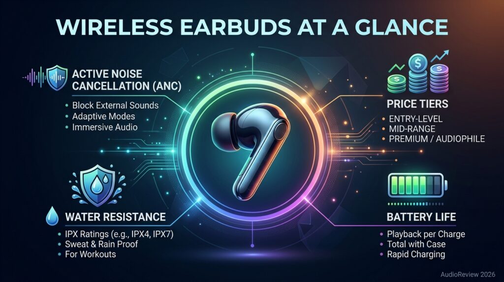 Infographic summarizing wireless earbud features and pricing tiers 
