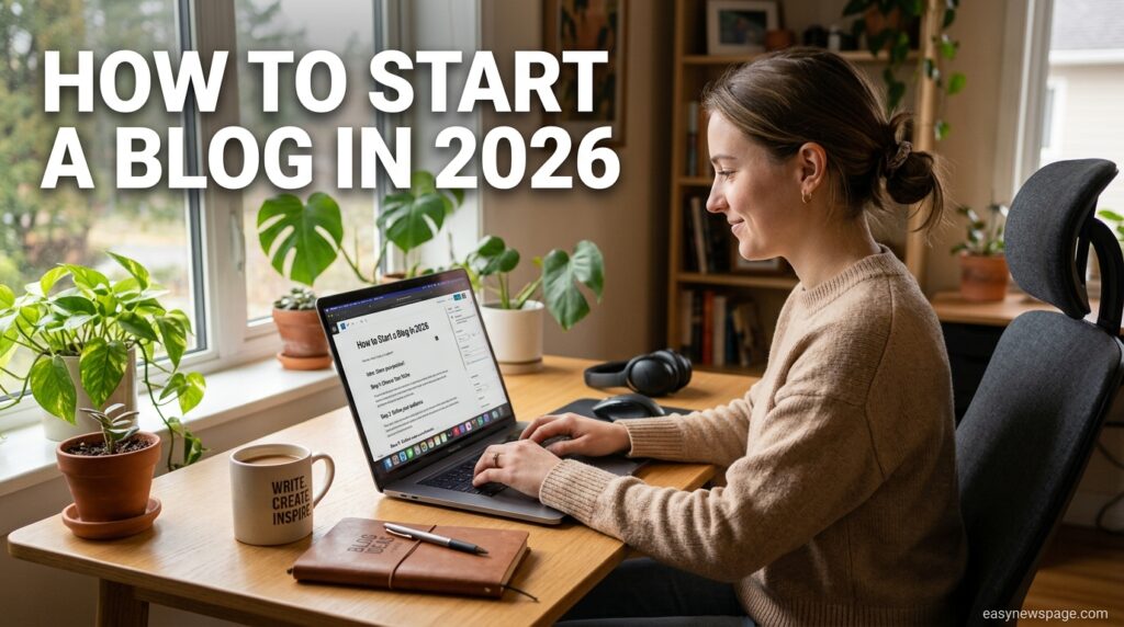 Writer typing a blog post draft on a laptop, illustrating how to start a blog in 2026