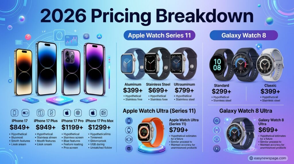 Infographic comparing 2026 iPhone 17 and smartwatch pricing tiers