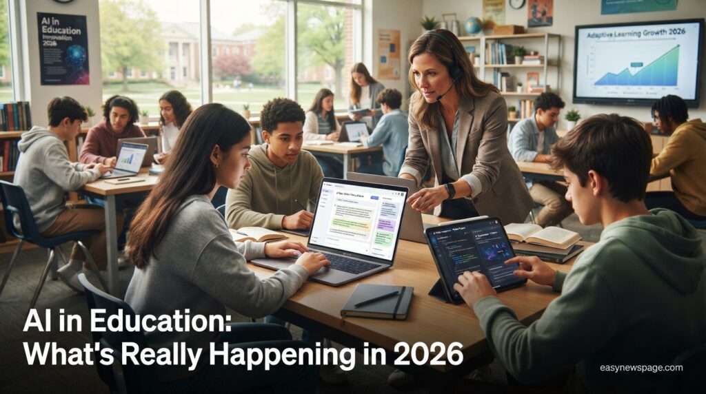 Students and teacher using AI tools on laptops in a modern classroom in 2026
