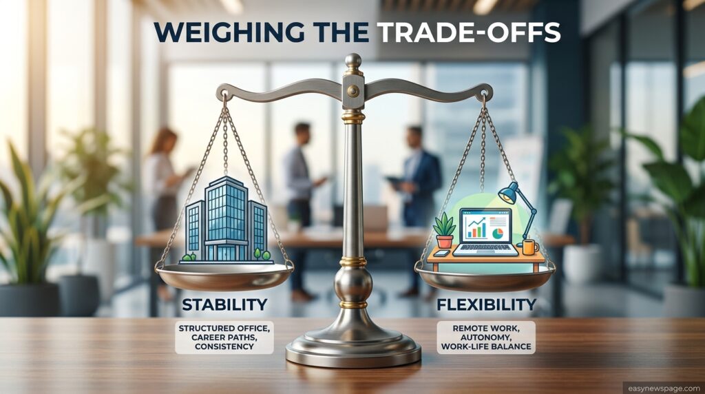 Balance graphic weighing freelance flexibility against job stability 