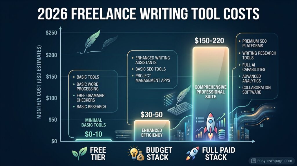 Chart comparing 2026 freelance writing tool subscription costs by tier