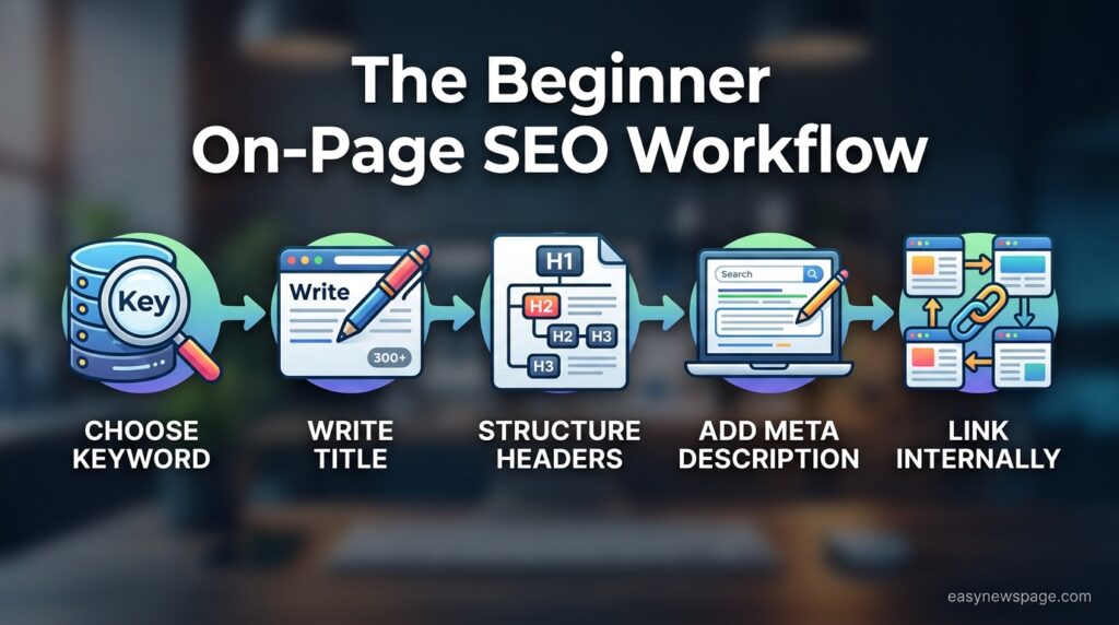 Infographic showing the beginner on-page SEO workflow for new bloggers
