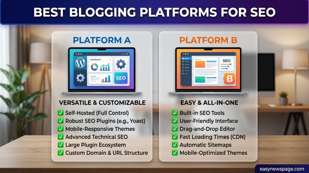 Infographic comparing blogging platforms for beginner SEO features