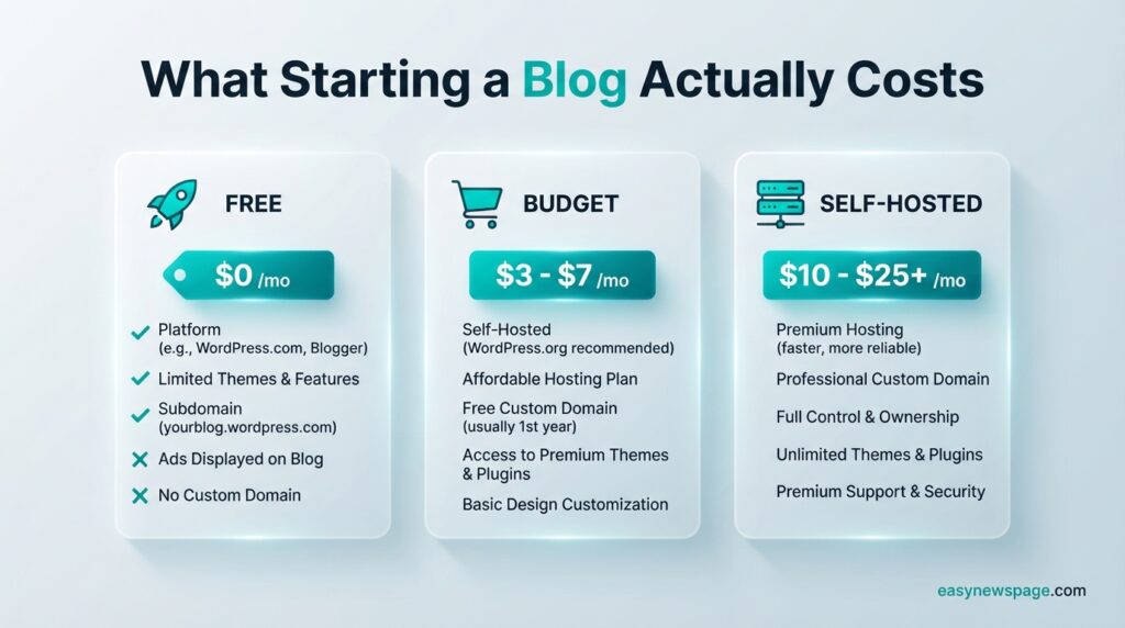 Infographic comparing free, budget and self-hosted blog startup costs

