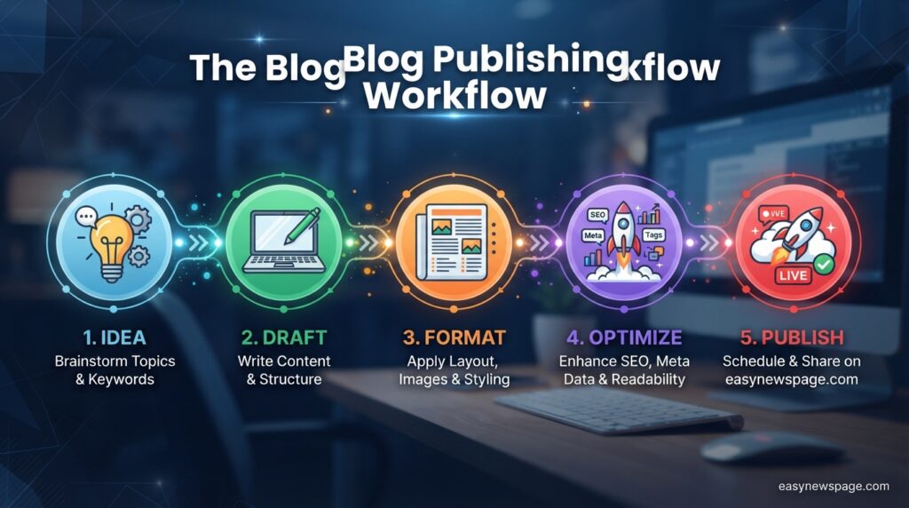 Five-step blog publishing workflow infographic from easynewspage.com 