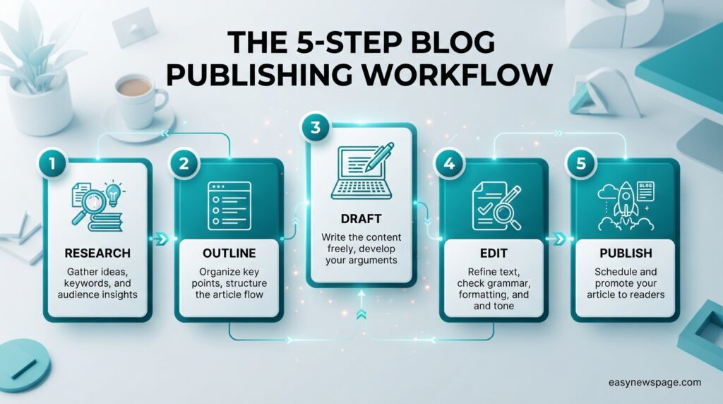  Five-step blog publishing workflow infographic from research to publish
