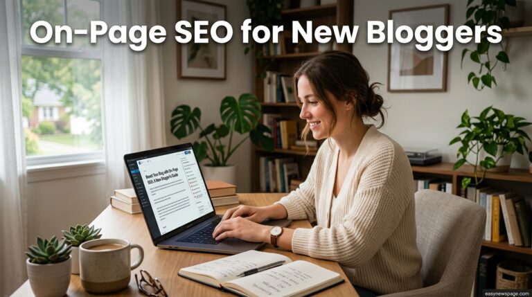 New blogger reviewing an on-page SEO checklist while writing a blog post