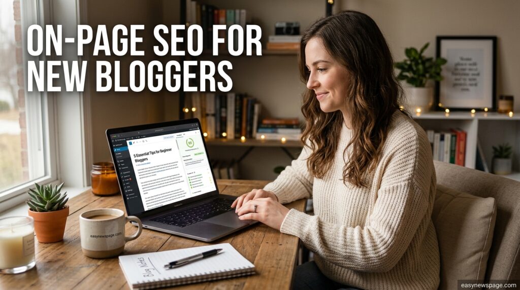 New blogger reviewing an on-page SEO checklist while writing a blog post 