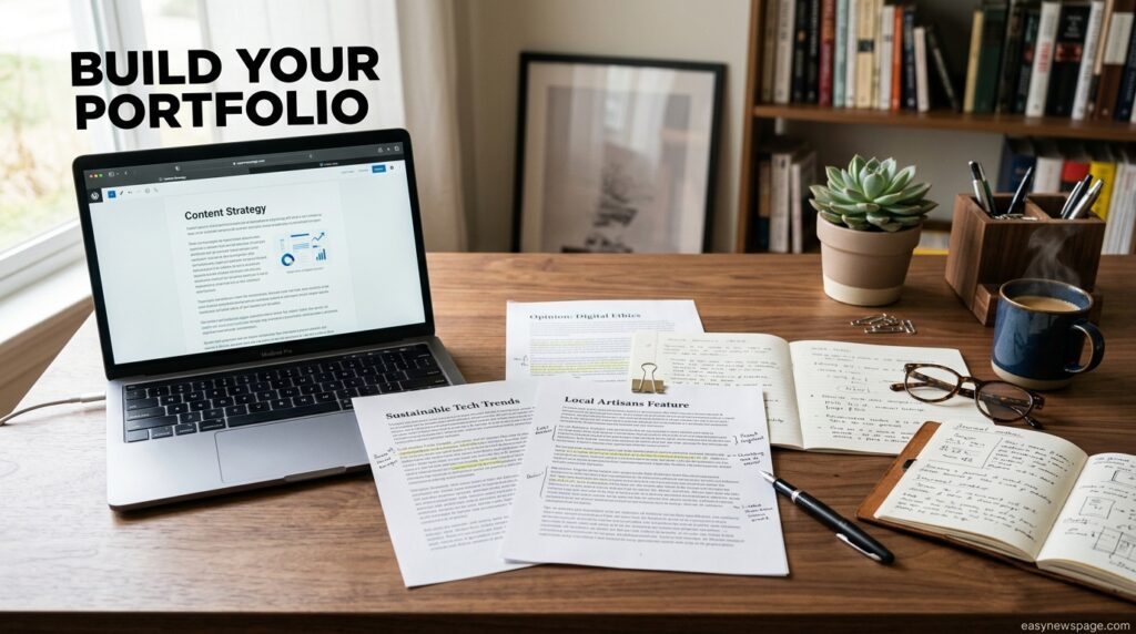 Freelance writer organizing portfolio samples for client pitches