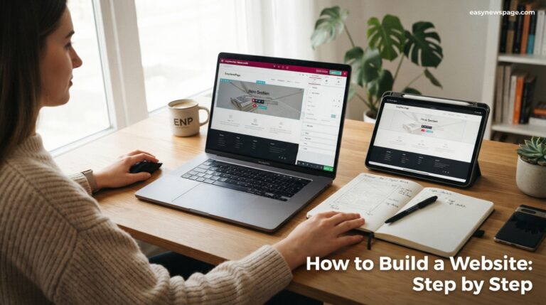 Beginner building a website on a laptop with mobile preview on a tablet