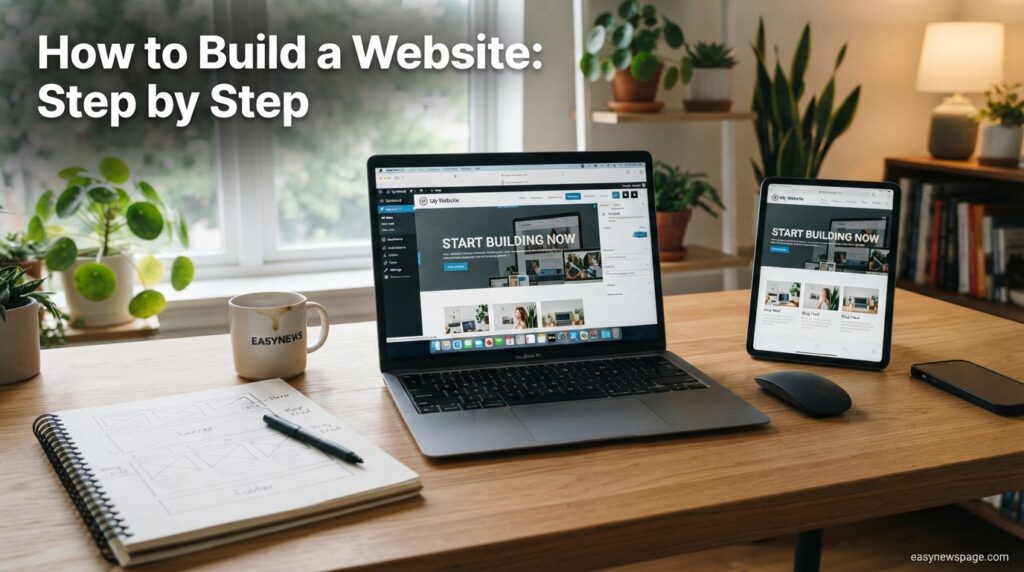 Beginner building a website on a laptop with mobile preview on a tablet

