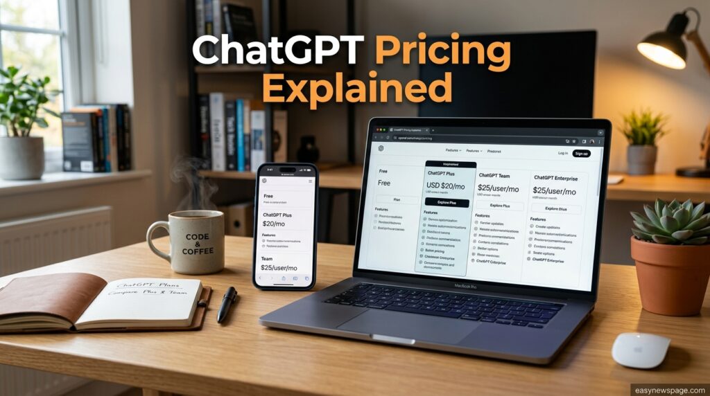 Laptop and phone showing ChatGPT pricing plans comparison 