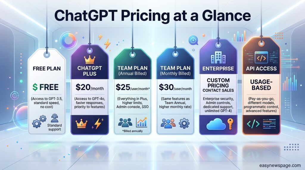 Infographic summarizing all ChatGPT pricing tiers from Free to Enterprise