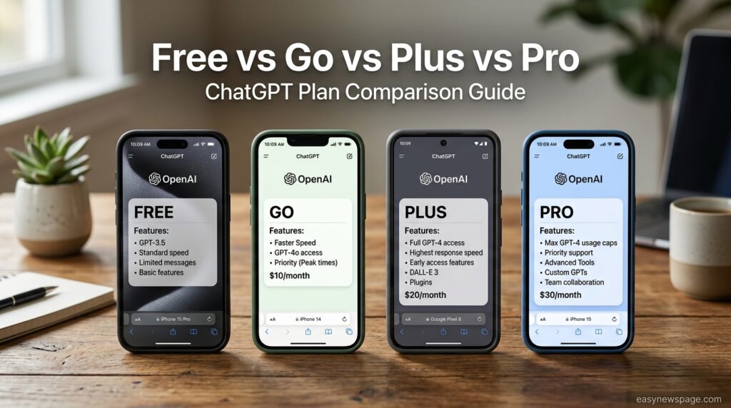 Comparison of ChatGPT Free, Go, Plus, and Pro plan tiers