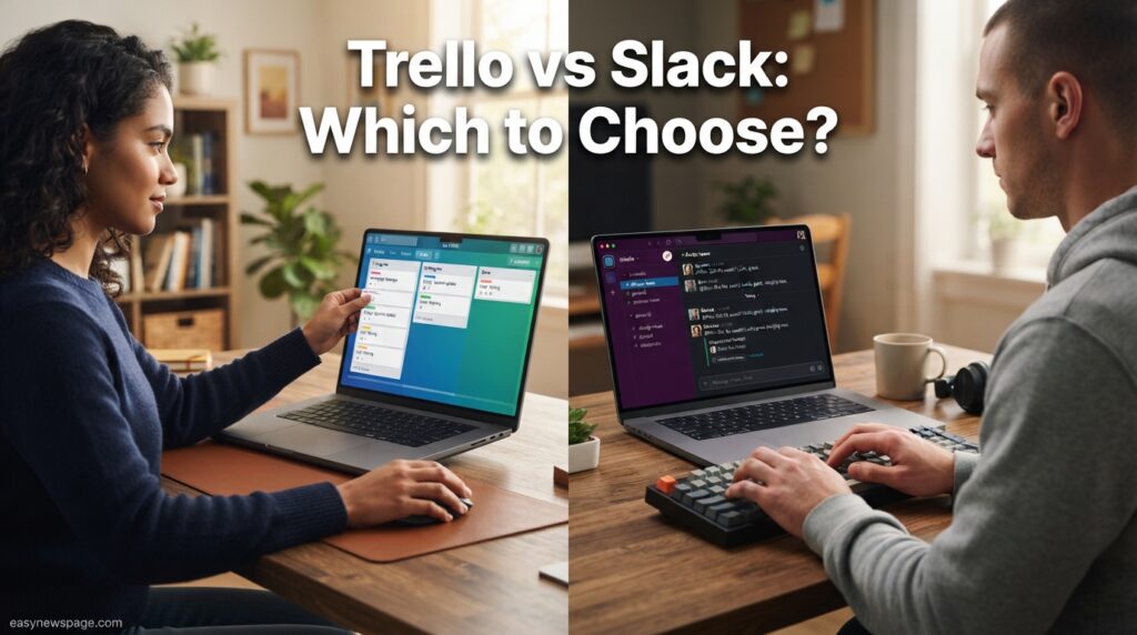 Split scene comparing a Trello-style board and a Slack-style chat window